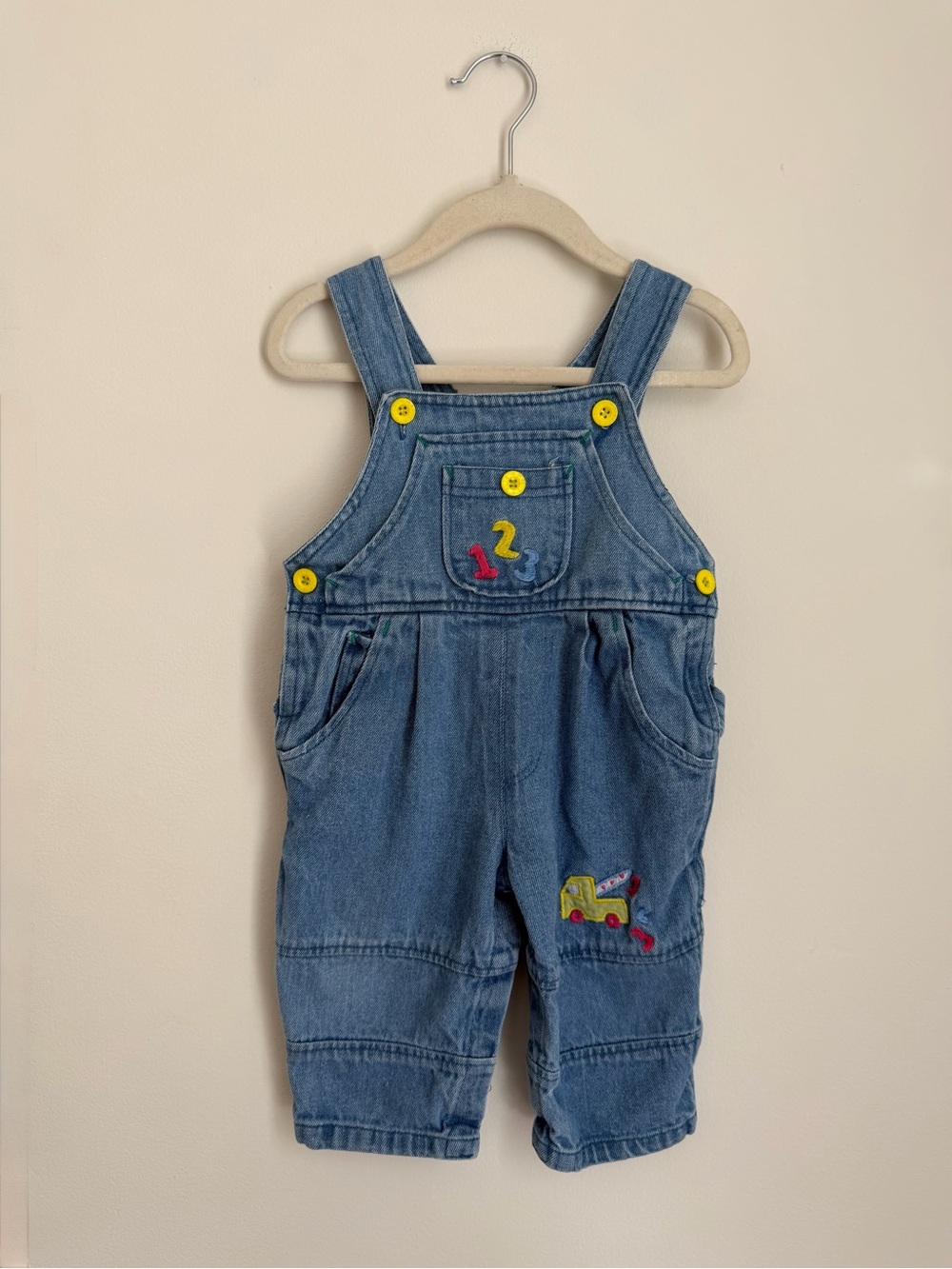 Vintage Happy Kids Denim Overalls with Numbers & Truck Embroidery (Size 12m)